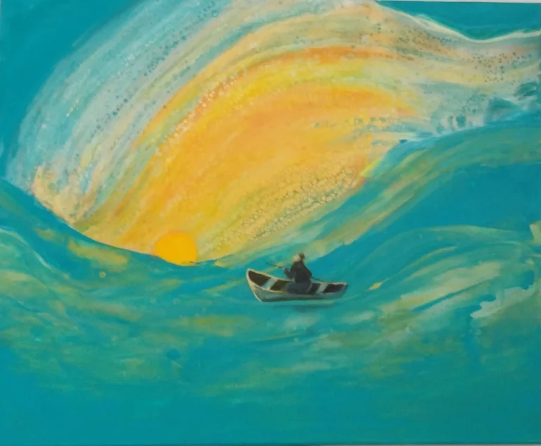 Tableau d'un homme sur une barque dans une mer agitée mais très colorée et où le soleil brille